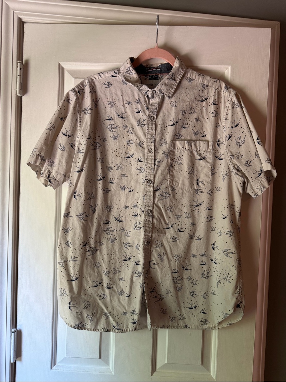 Denim & Flower Short-Sleeve Button-Up Shirt in Cream with Black & Green Speckle